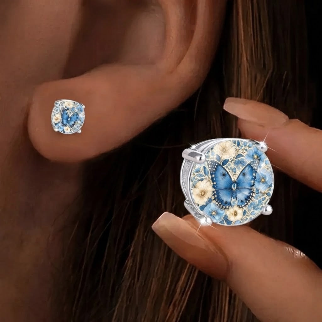 Blue Butterfly Floral Stud Earrings
