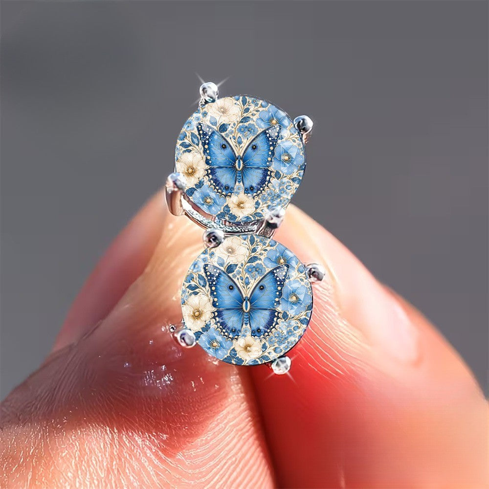 Blue Butterfly Floral Stud Earrings