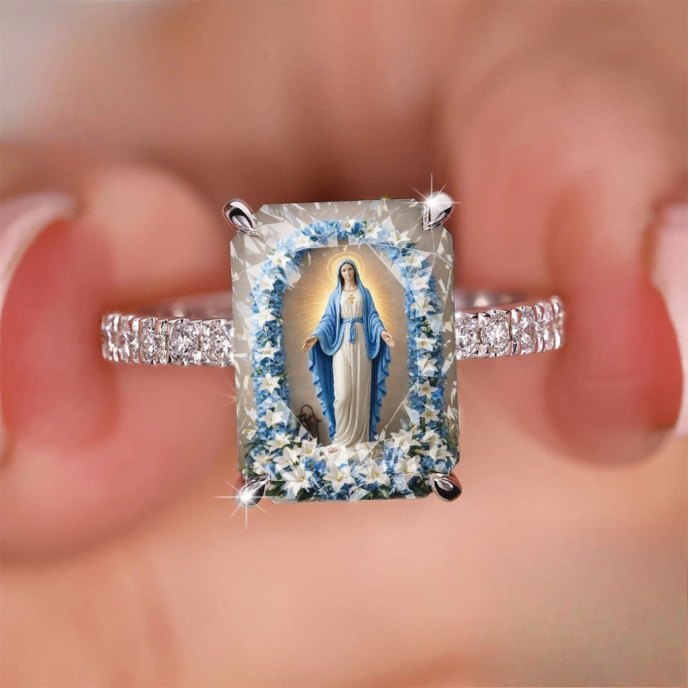 Blue Floral Virgin Mary Ring