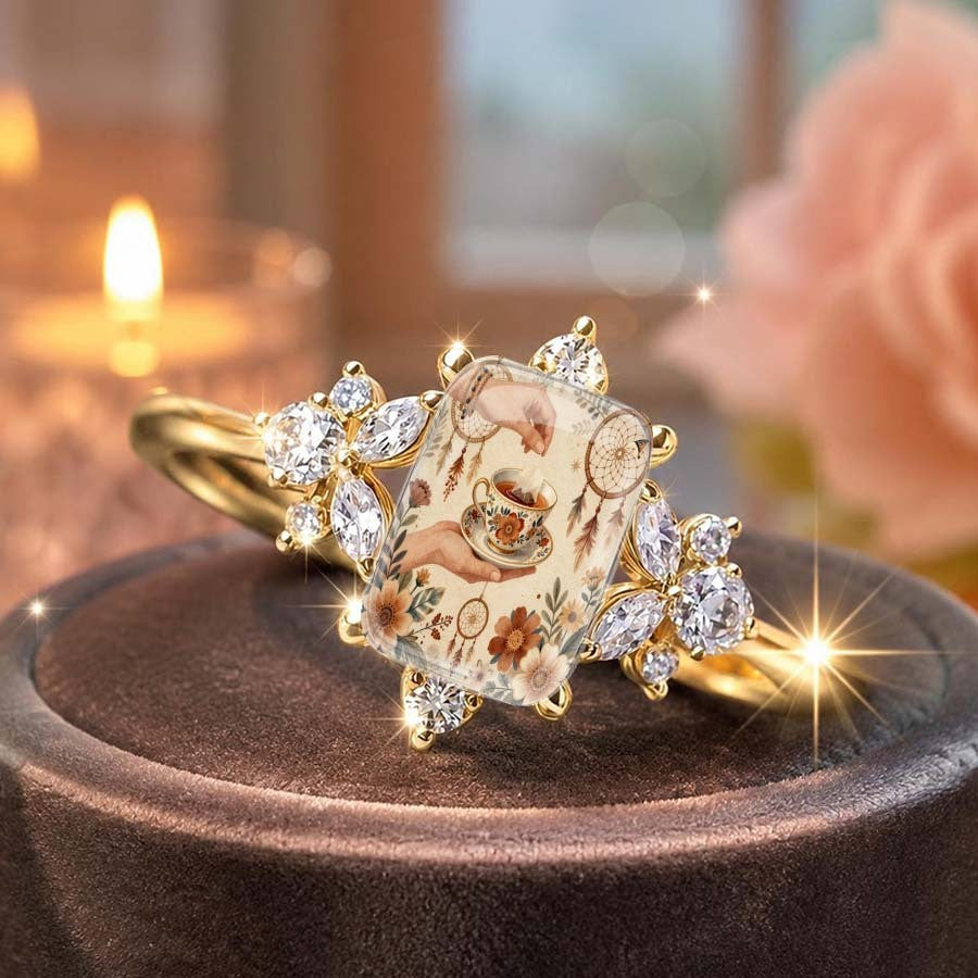 Floral Tea Cup Square Ring