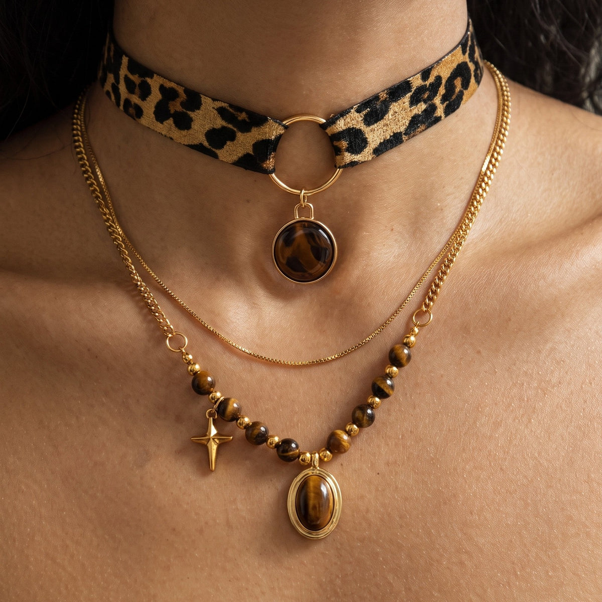 Leopard Choker & Tiger Eye Necklace Set