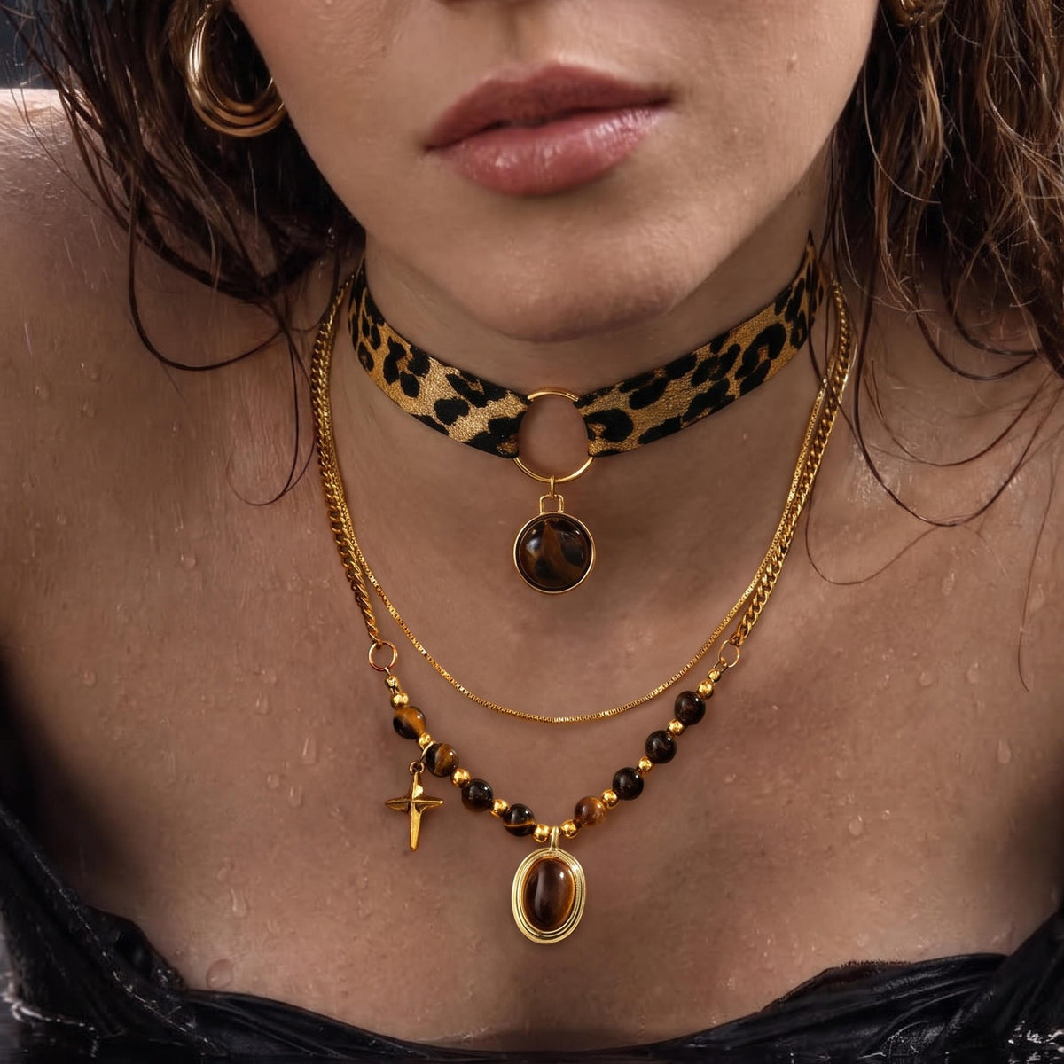 Leopard Choker & Tiger Eye Necklace Set