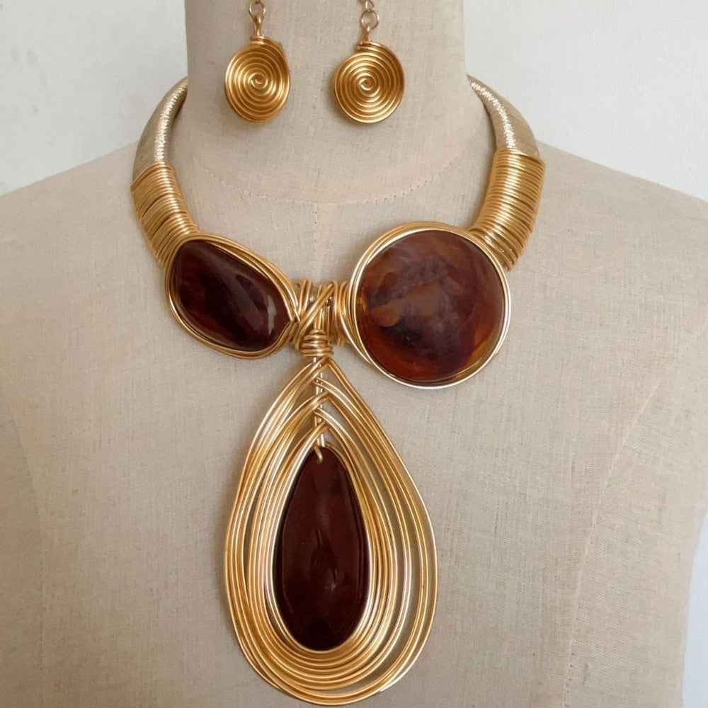 Wire-Wrapped Resin Stone Necklace & Spiral Earring Set