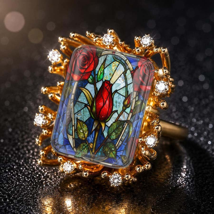 Red Rose Stained Glass Sunburst Ring