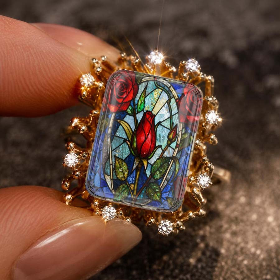 Red Rose Stained Glass Sunburst Ring