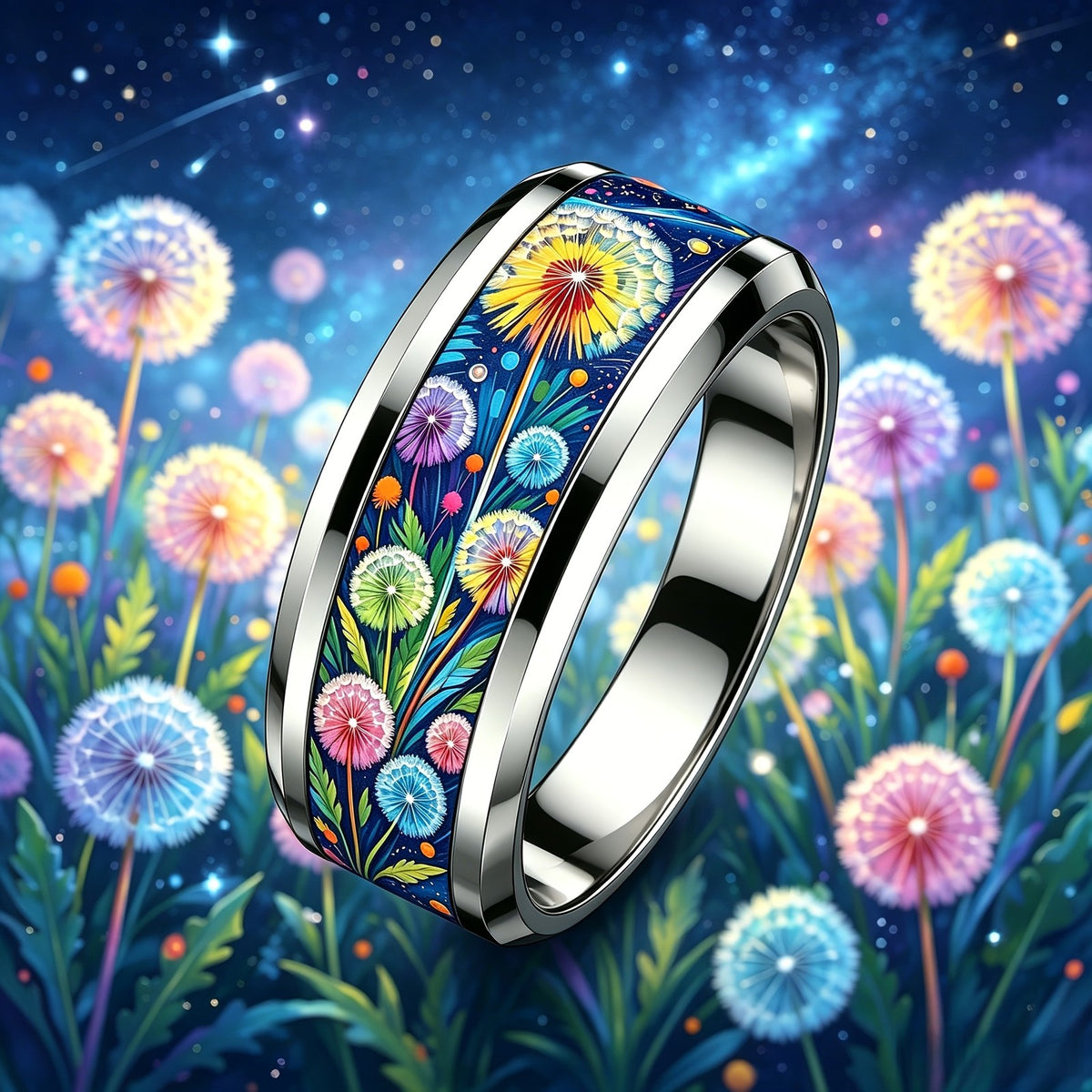 Colorful Dandelion Night Sky Ring