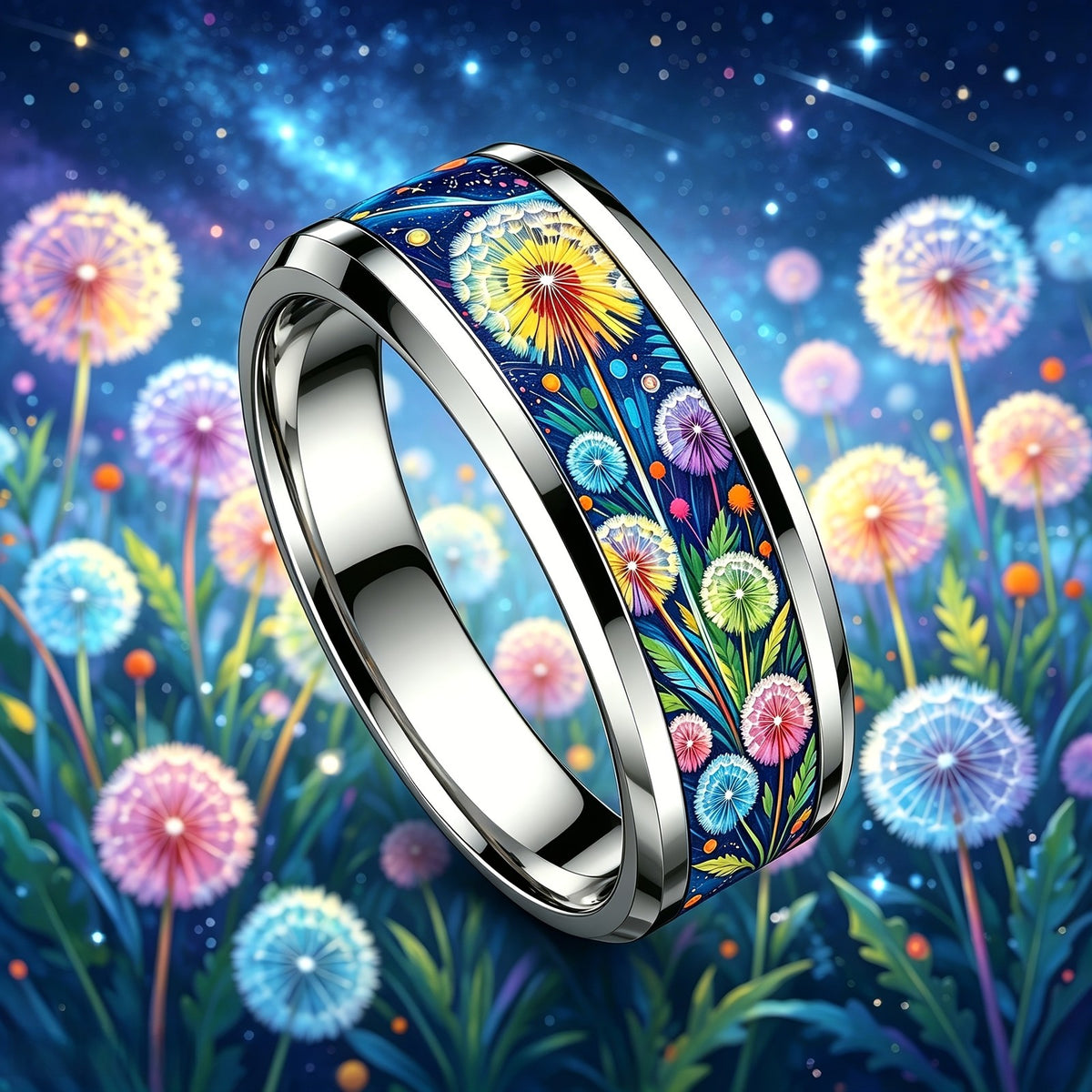 Colorful Dandelion Night Sky Ring