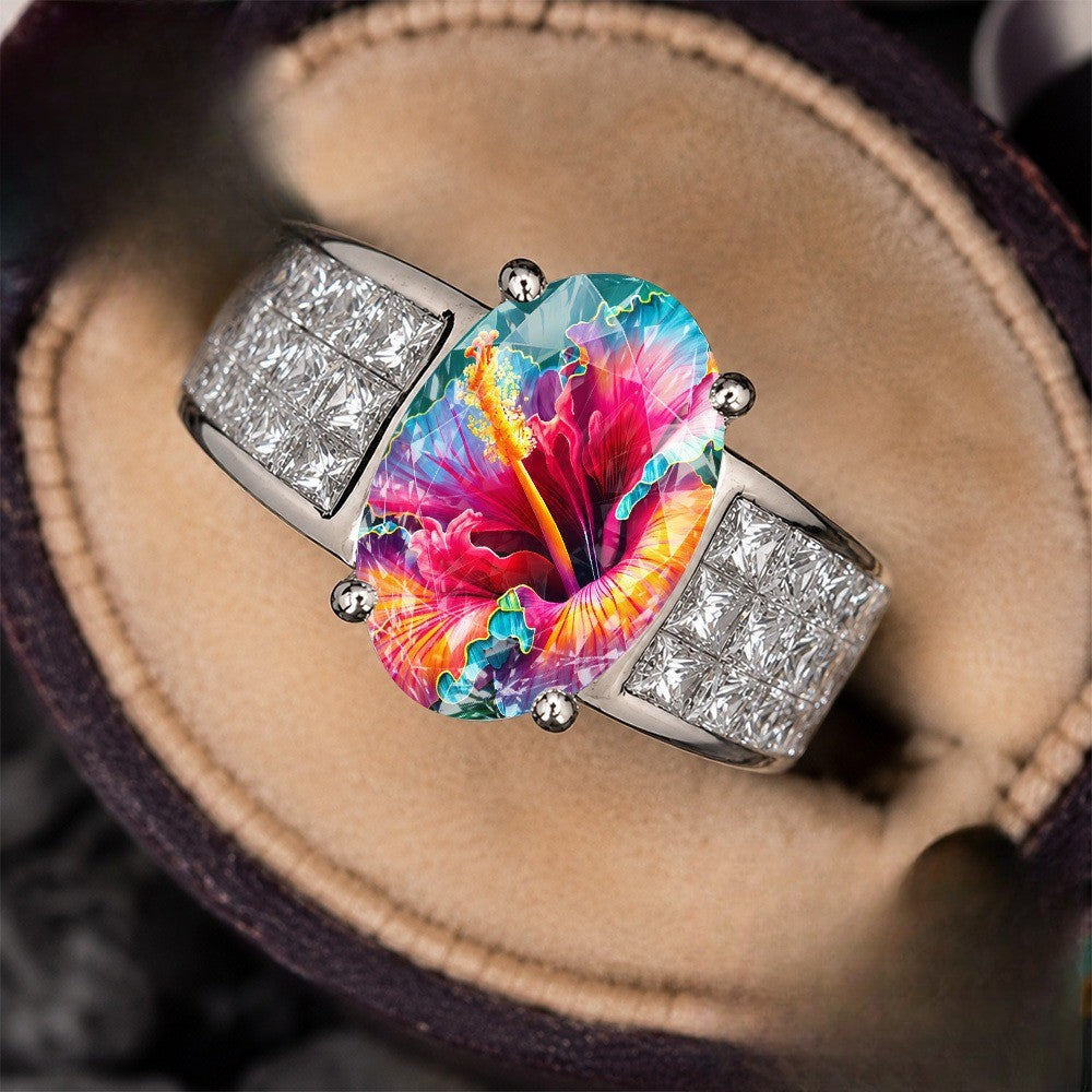 Colorful Hibiscus Oval Ring