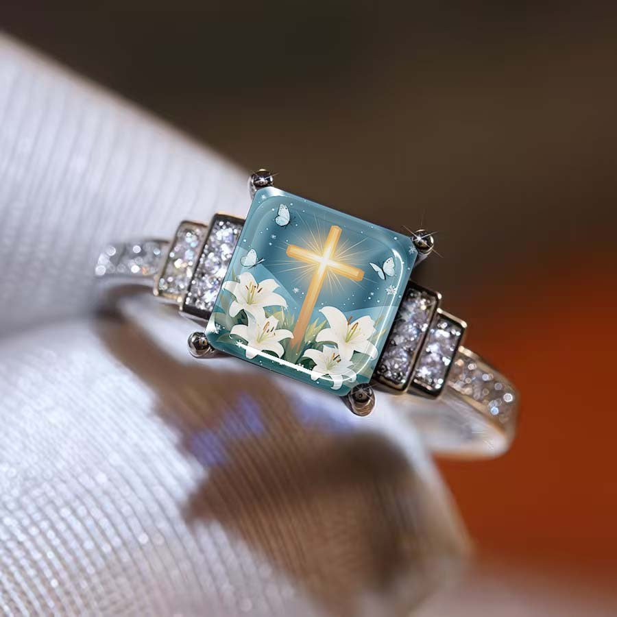 Square Cross & Lily Ring