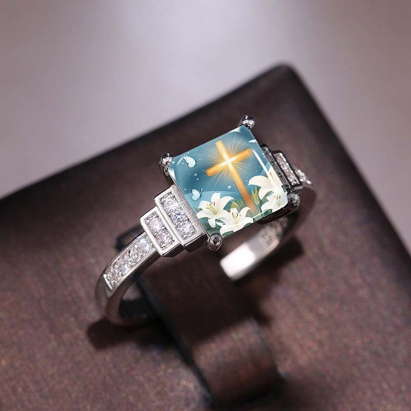 Square Cross & Lily Ring
