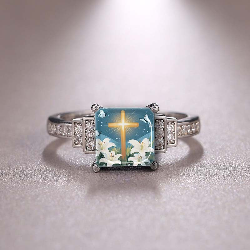 Square Cross & Lily Ring