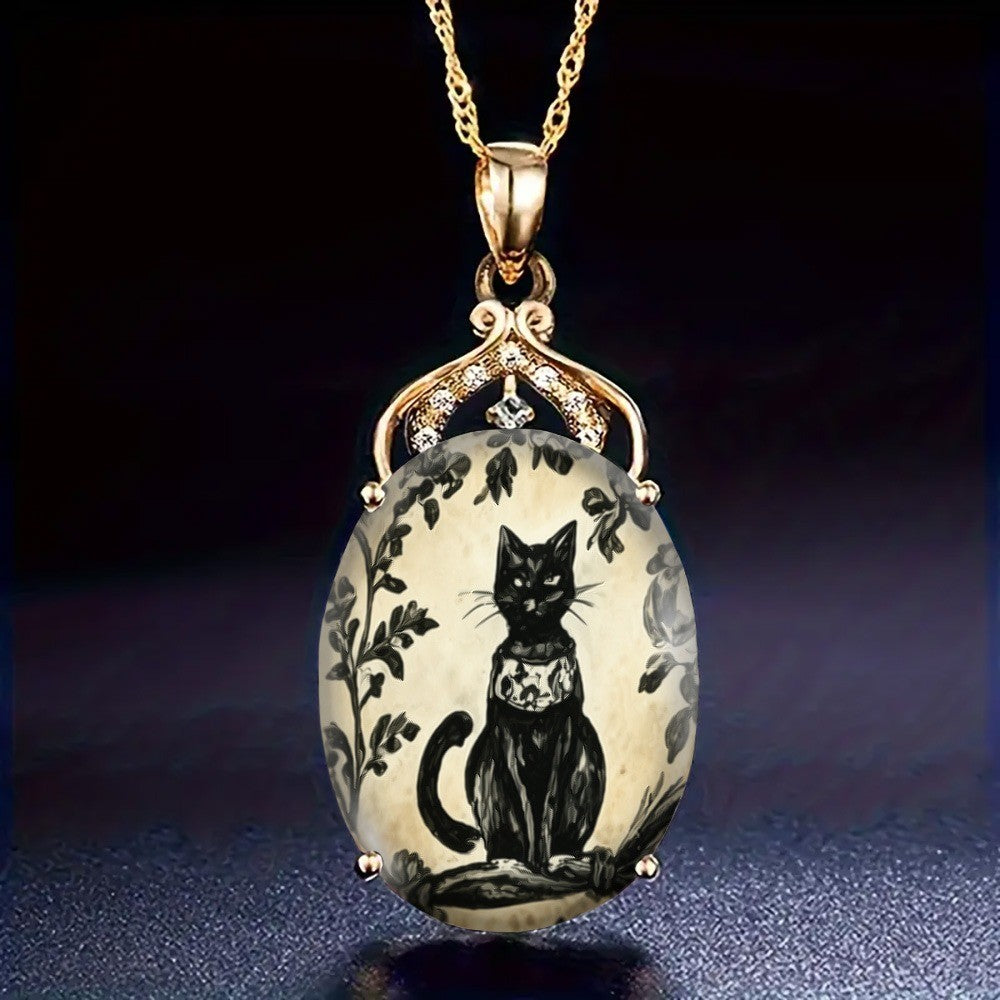 Black Cat Vine Oval Pendant Necklace