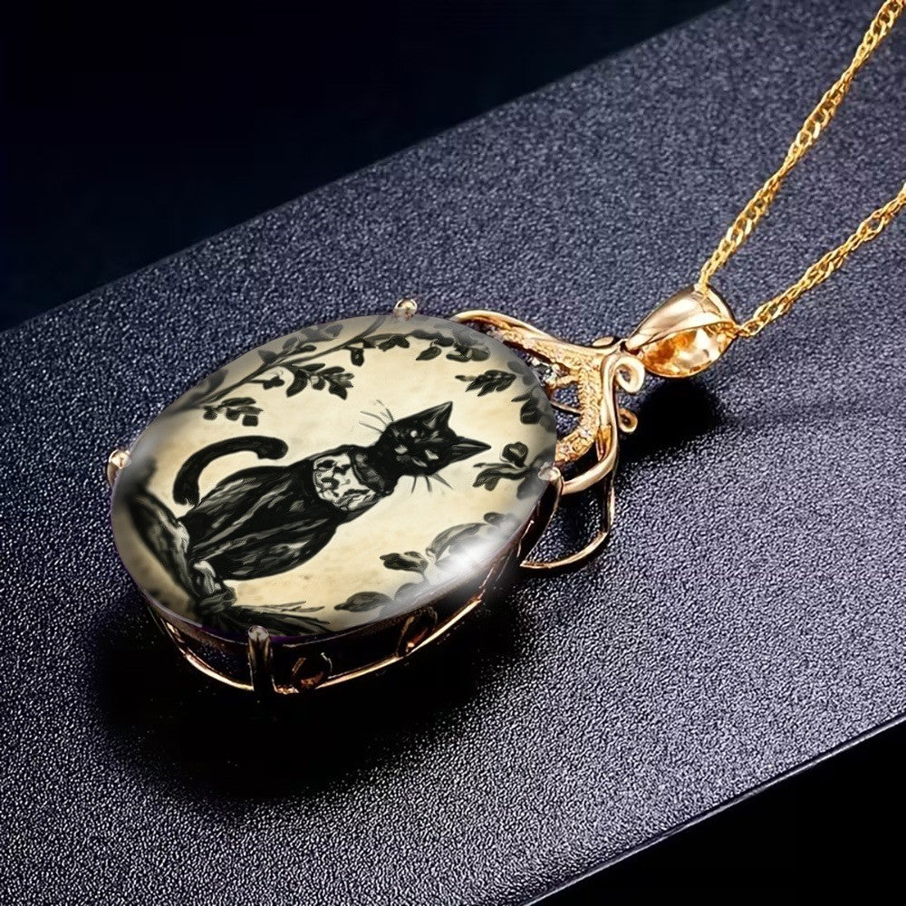Black Cat Vine Oval Pendant Necklace