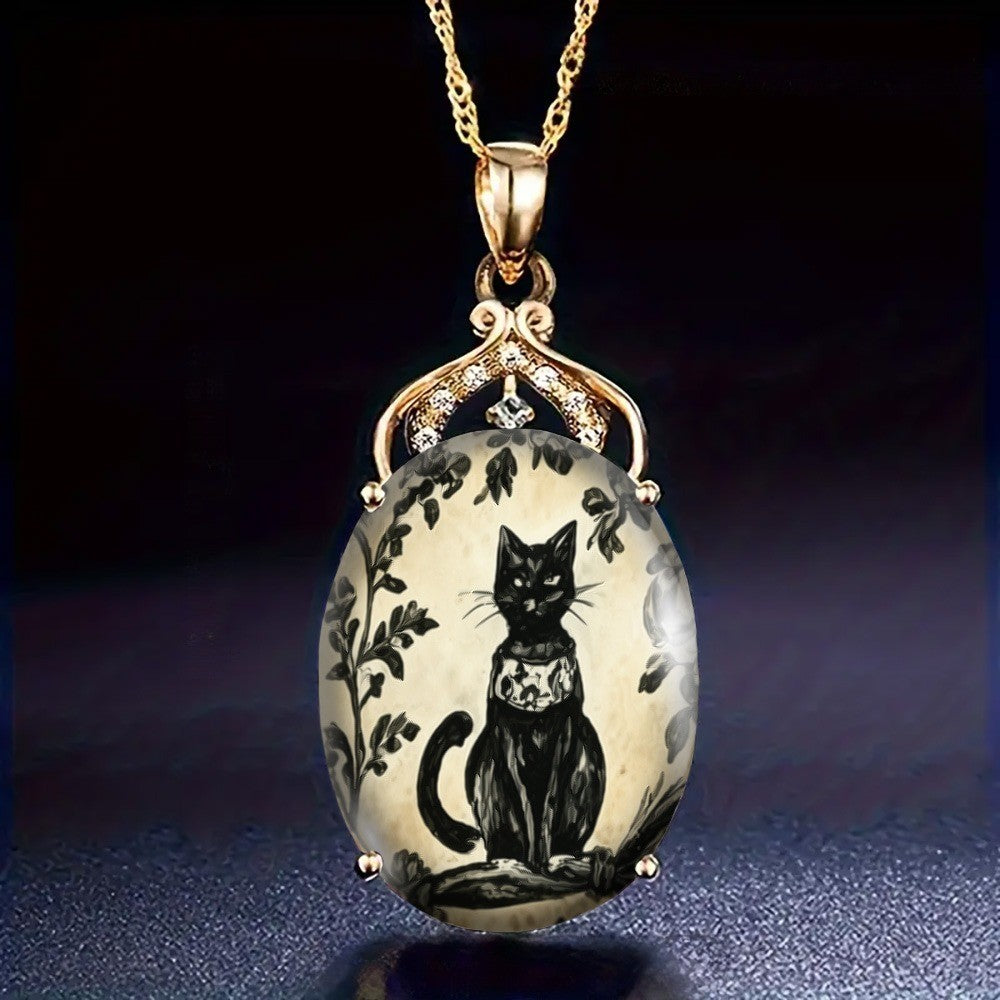 Black Cat Vine Oval Pendant Necklace