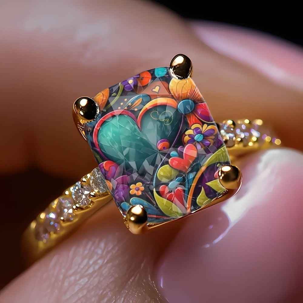 Colorful Floral Heart Square Ring