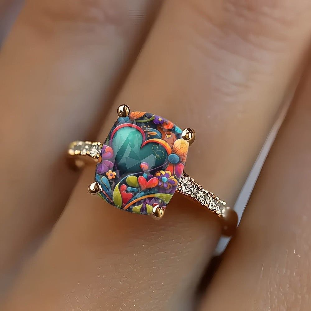 Colorful Floral Heart Square Ring