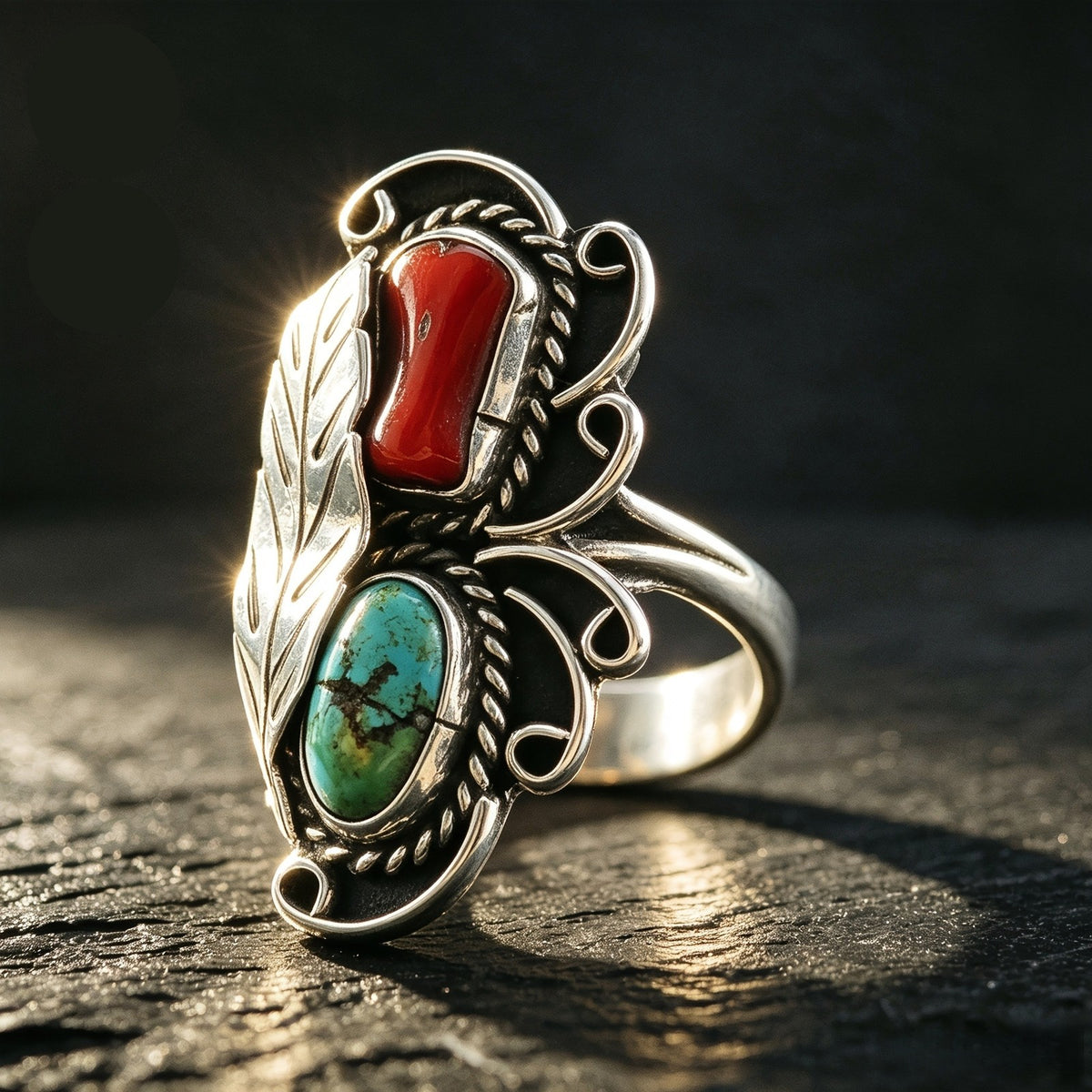 Turquoise & Red Stone Feather Ring