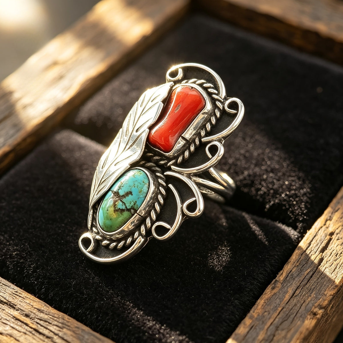 Turquoise & Red Stone Feather Ring