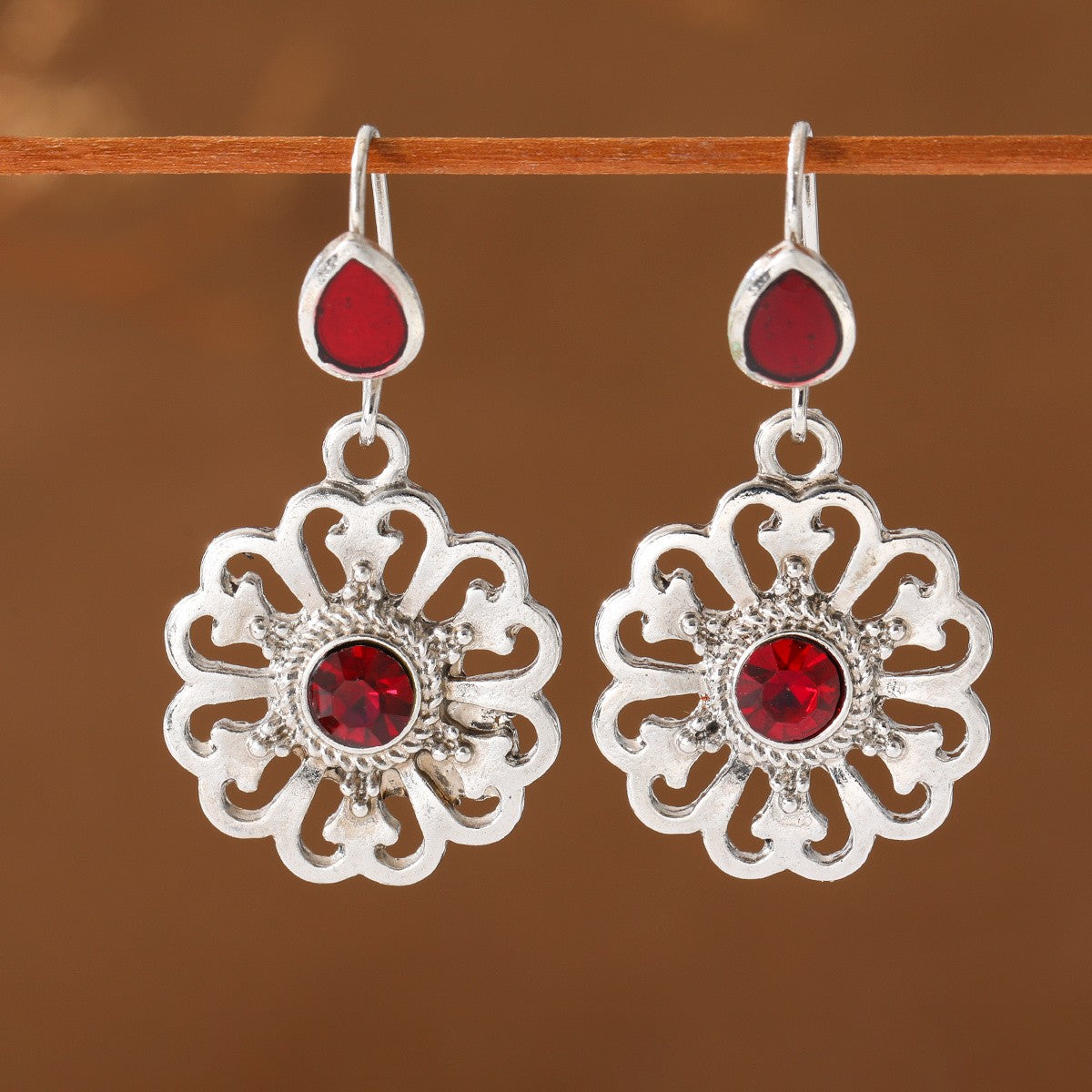 Red Zircon Flower Drop Earrings