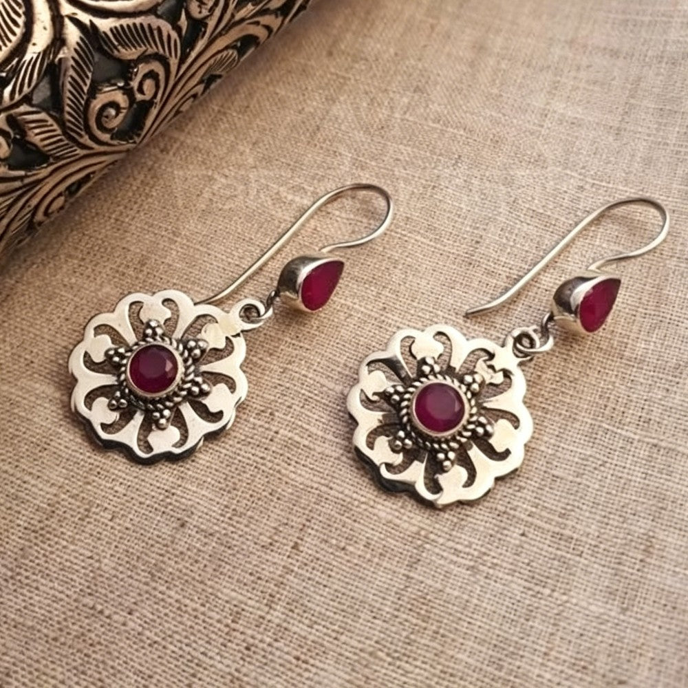 Red Zircon Flower Drop Earrings