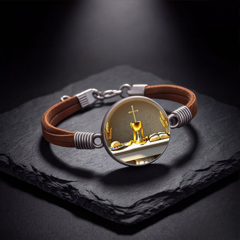 Chalice & Wheat Leather Bracelet