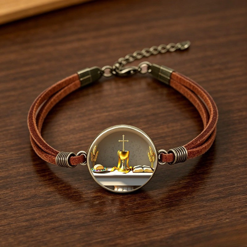 Chalice & Wheat Leather Bracelet