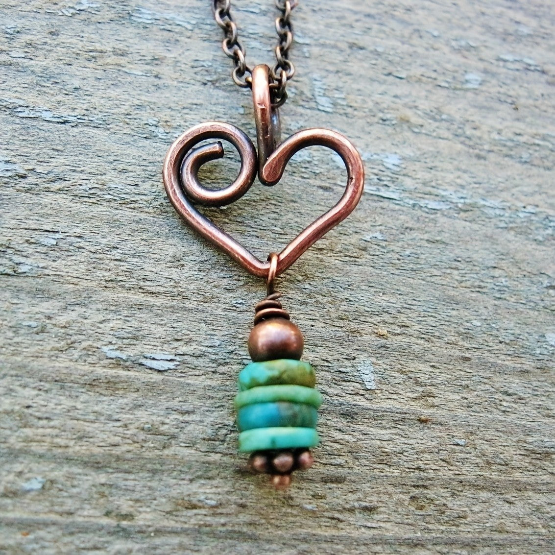 Copper Wire Heart & Turquoise Necklace