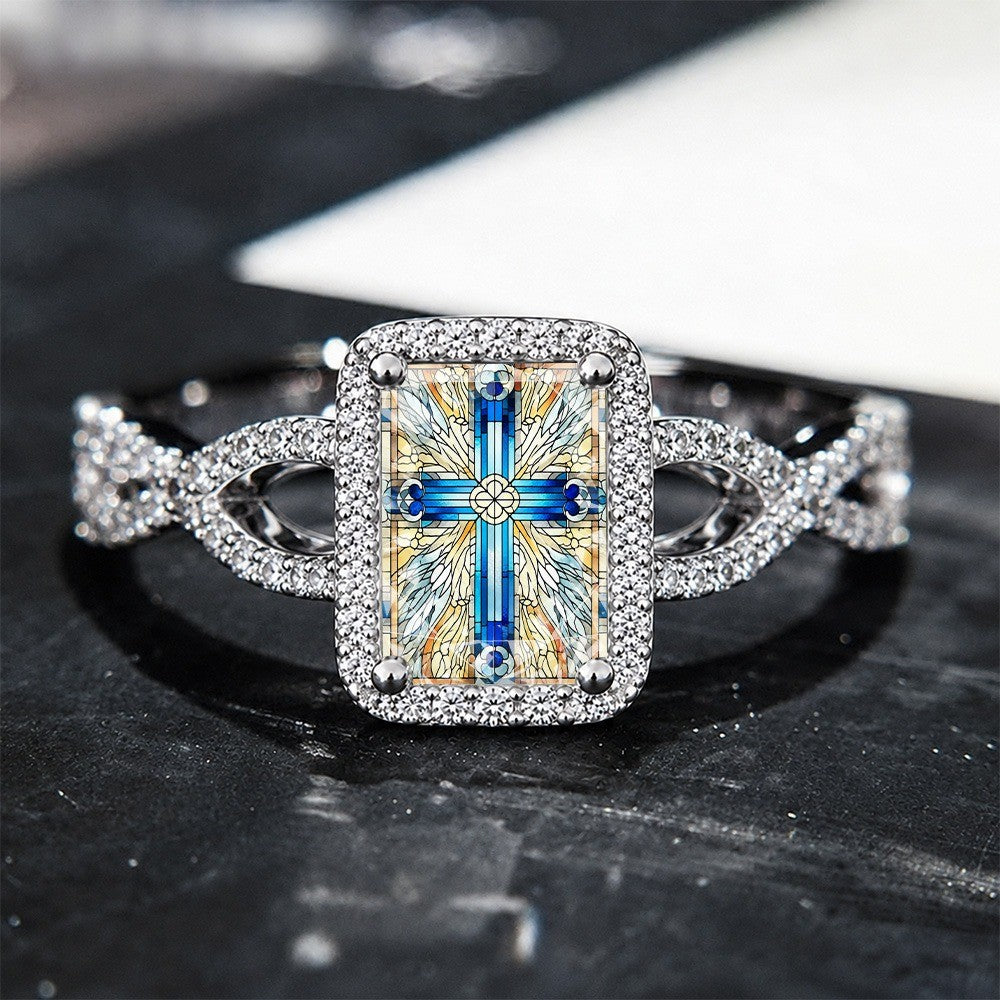 Stained Glass Cross & Rays Square Ring