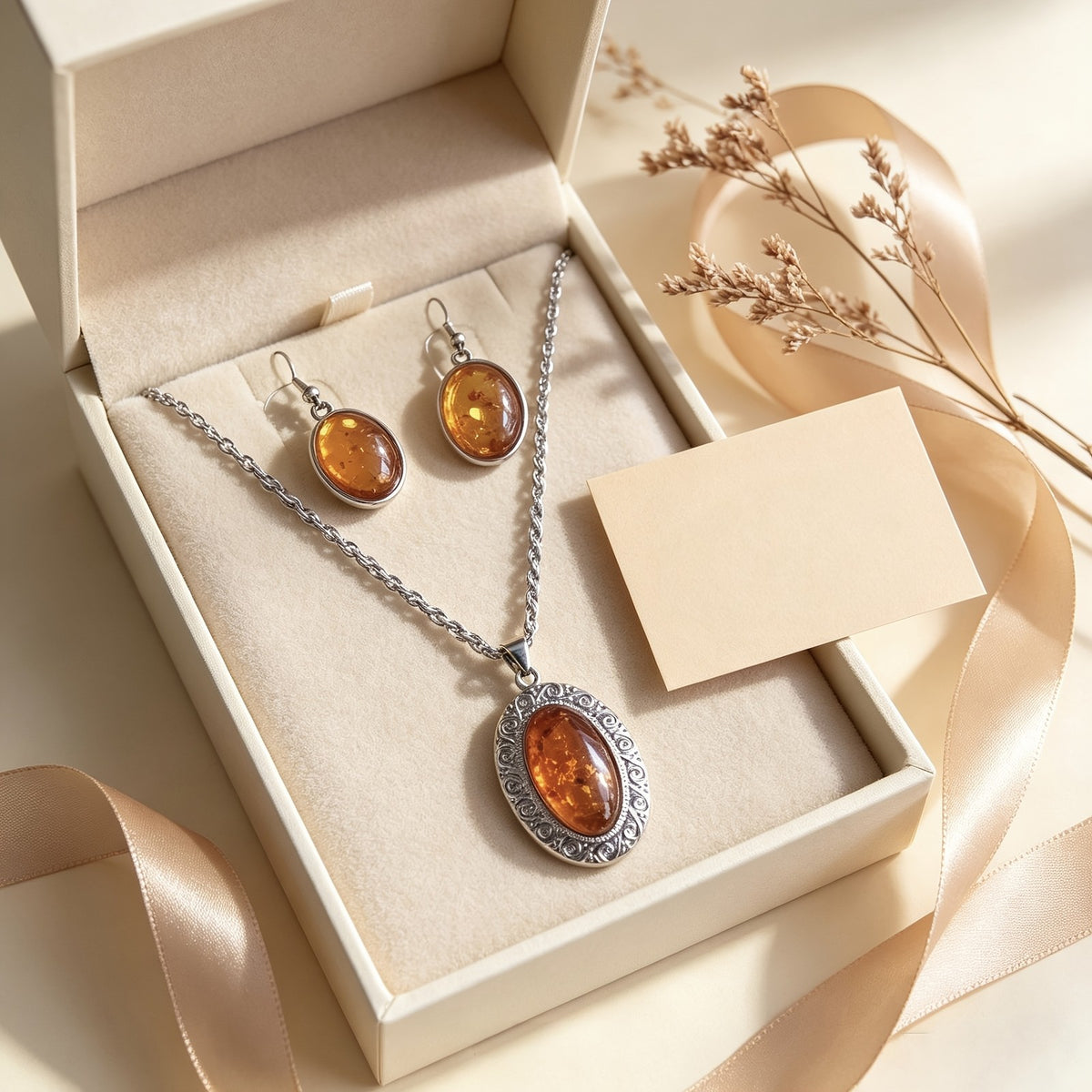 Ornate Amber Oval Necklace & Earring Set