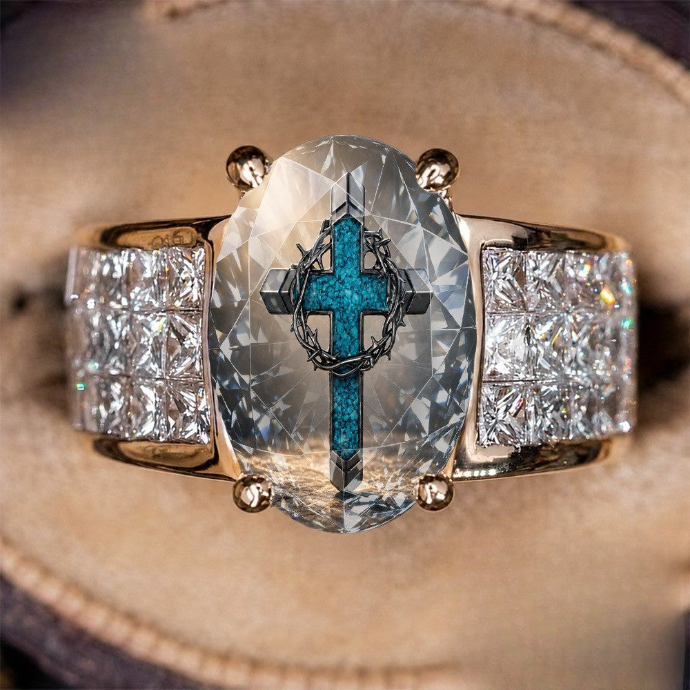 Blue Cross & Crown of Thorns Oval Ring