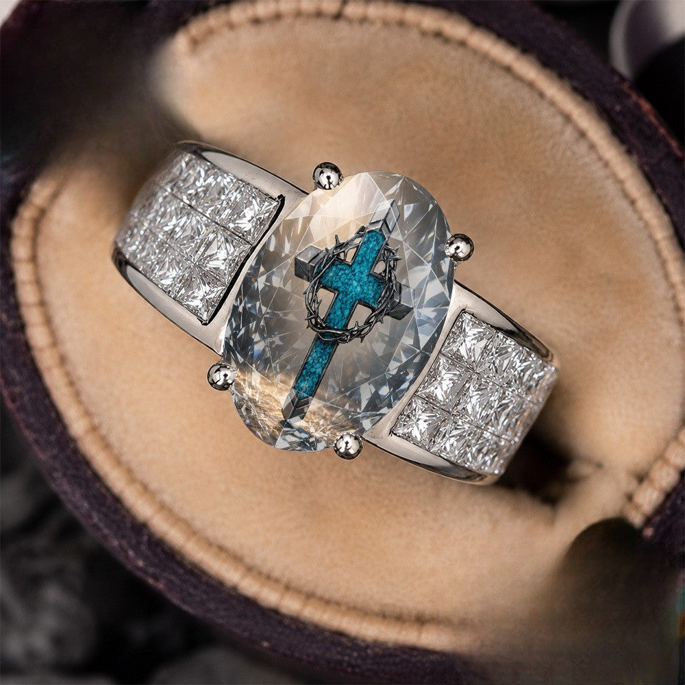 Blue Cross & Crown of Thorns Oval Ring