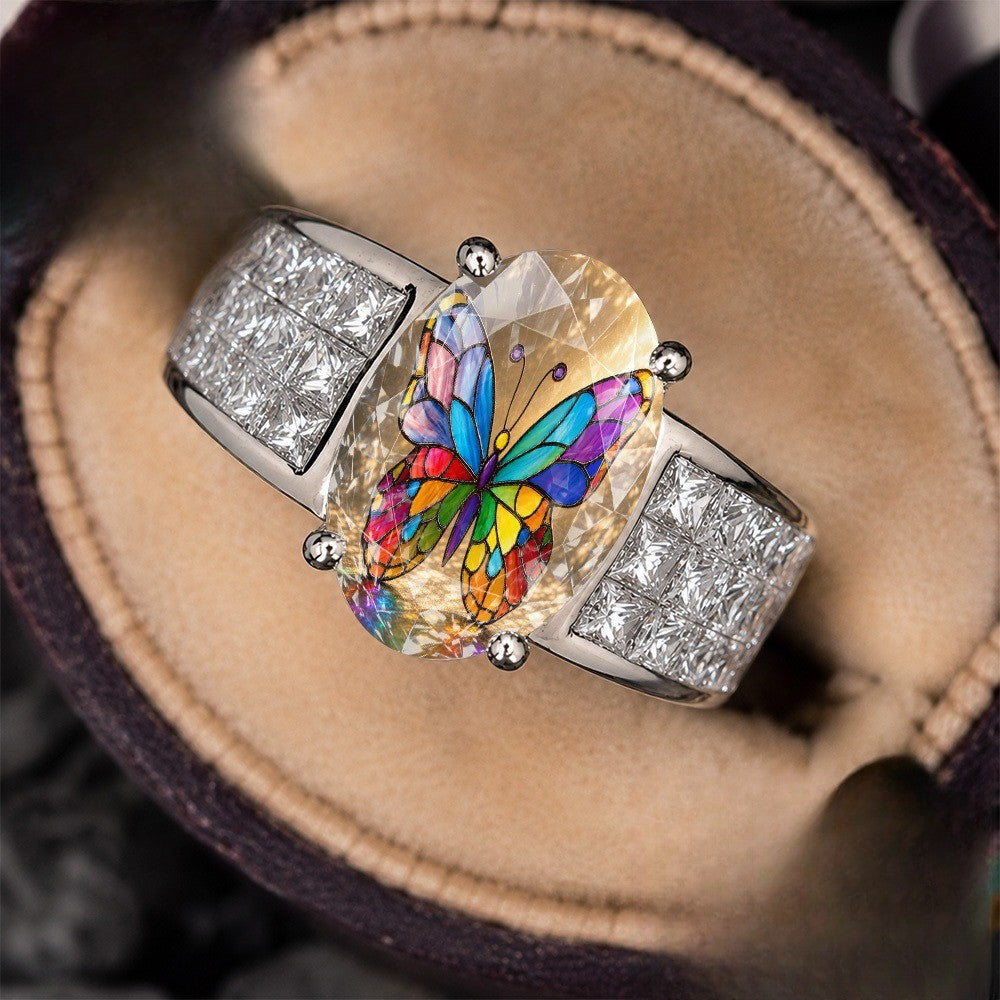Translucent Painted Butterfly Oval Ring
