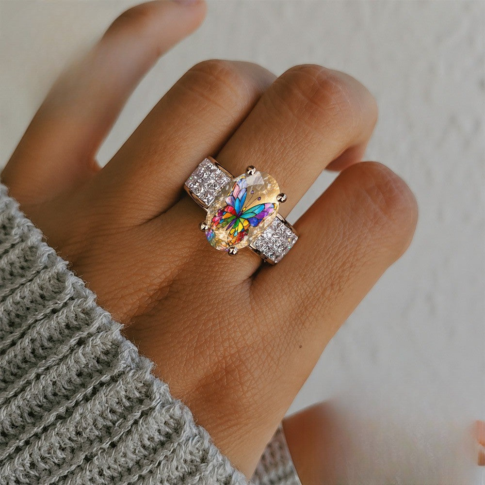 Translucent Painted Butterfly Oval Ring