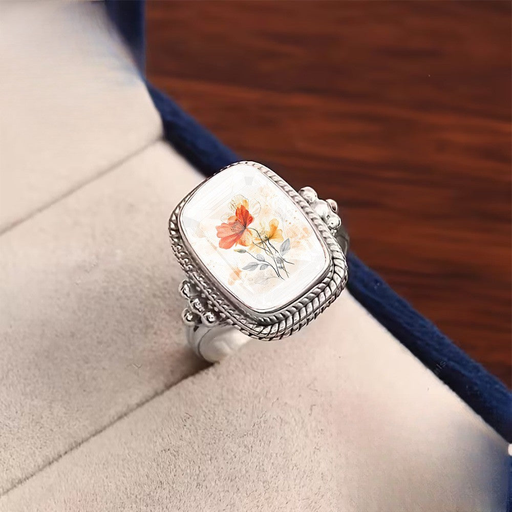 Orange Floral Square Statement Ring