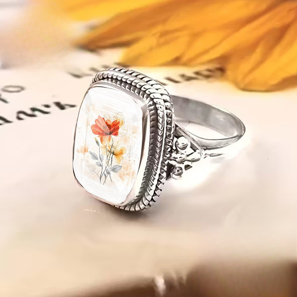 Orange Floral Square Statement Ring