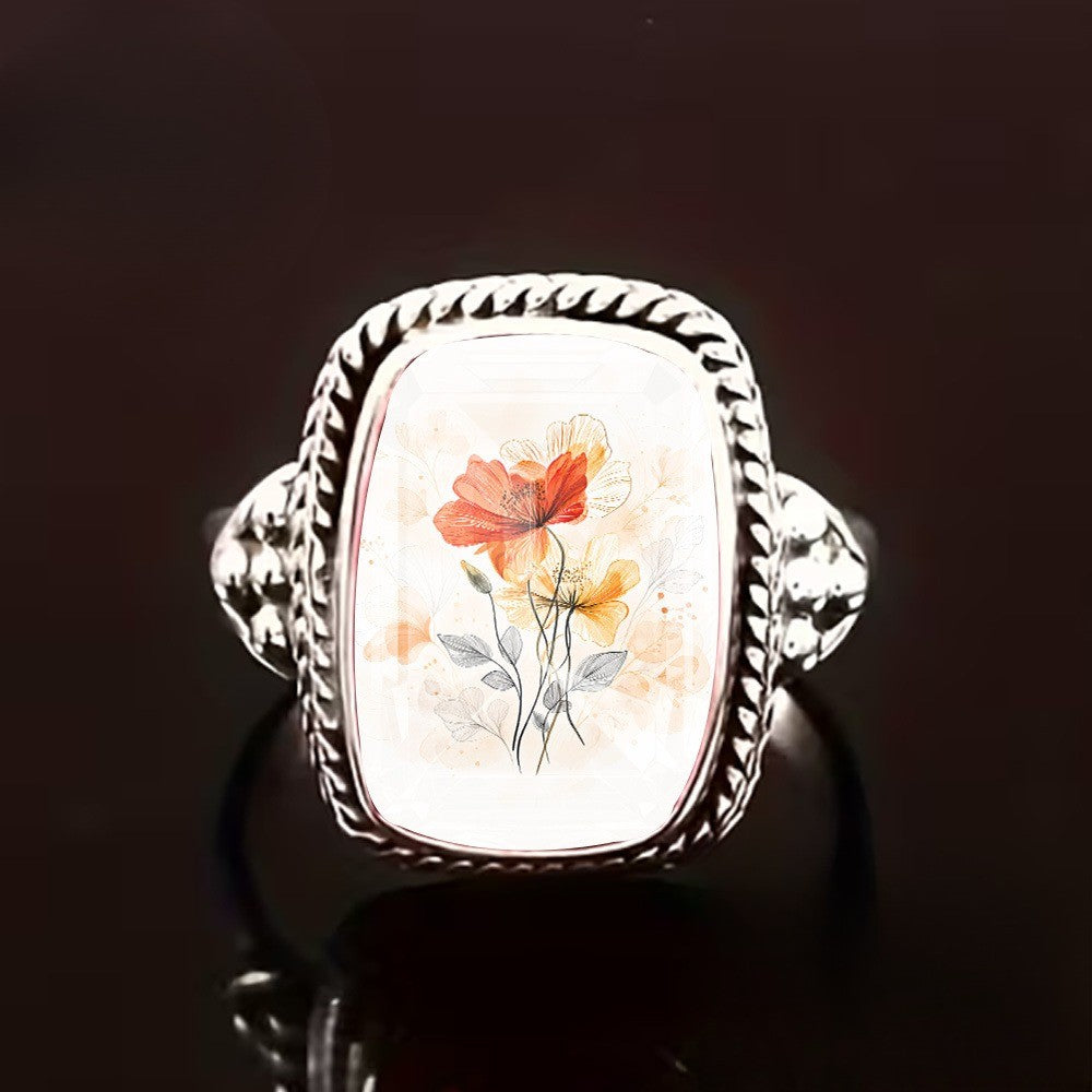 Orange Floral Square Statement Ring
