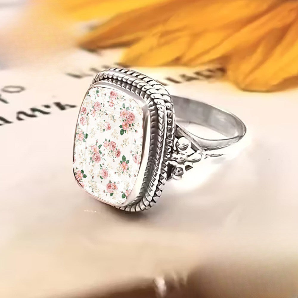 Pink Floral Rope Edge Square Ring