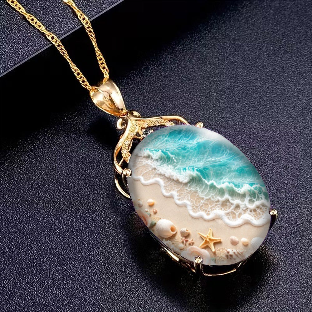 Beach Scene Oval Pendant Necklace