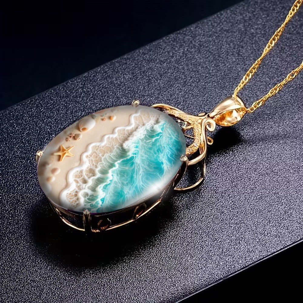 Beach Scene Oval Pendant Necklace
