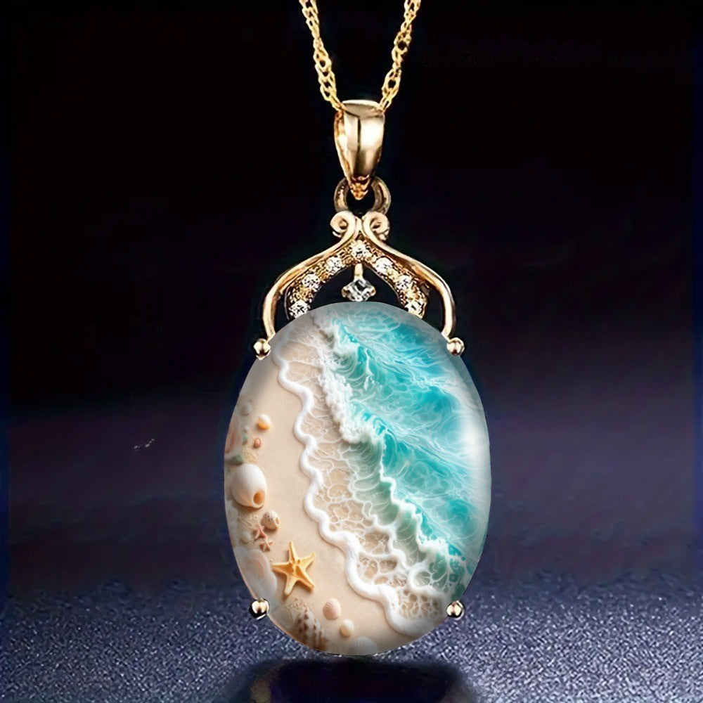 Beach Scene Oval Pendant Necklace