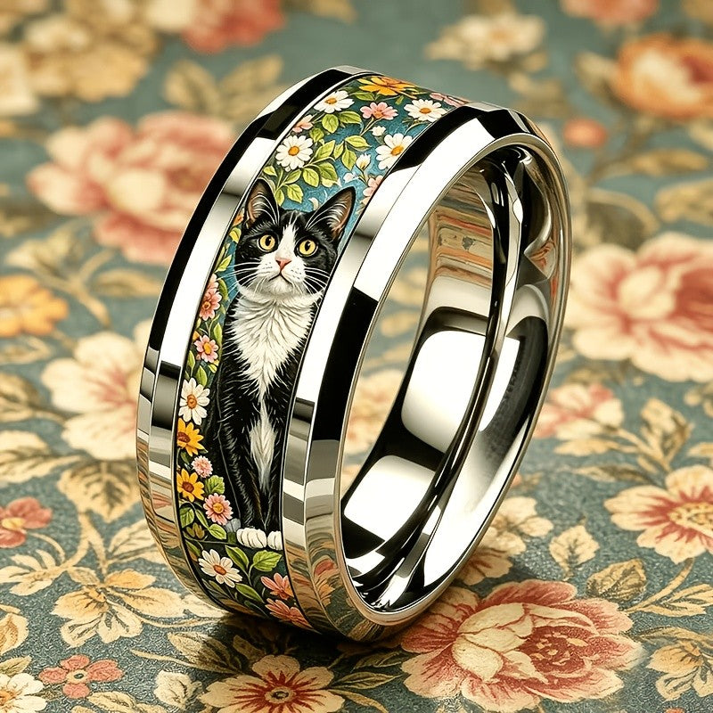 Black Cat Floral Inlay Ring