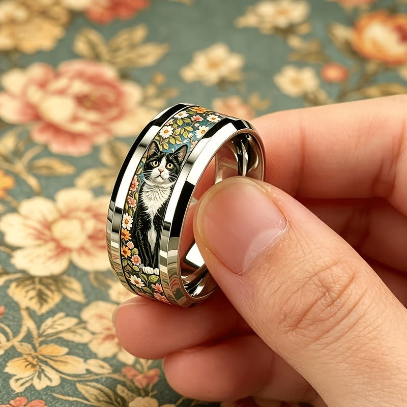 Black Cat Floral Inlay Ring