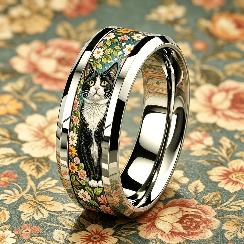 Black Cat Floral Inlay Ring
