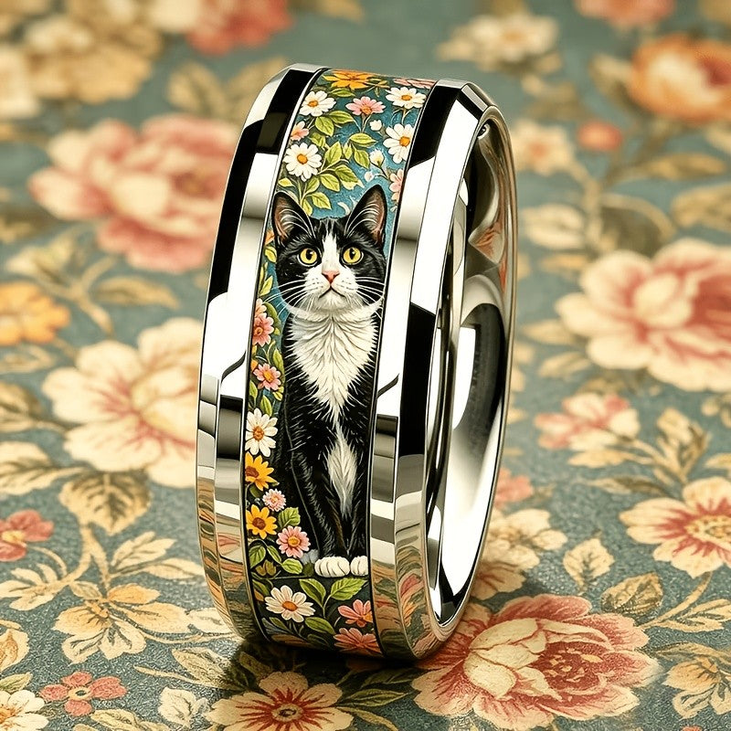 Black Cat Floral Inlay Ring
