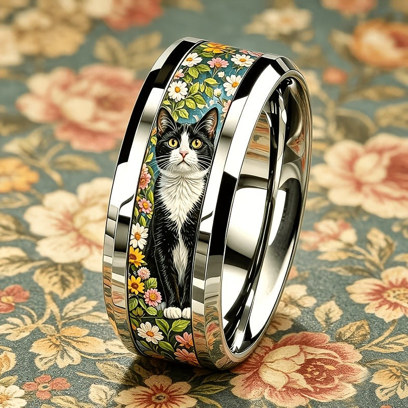 Black Cat Floral Inlay Ring