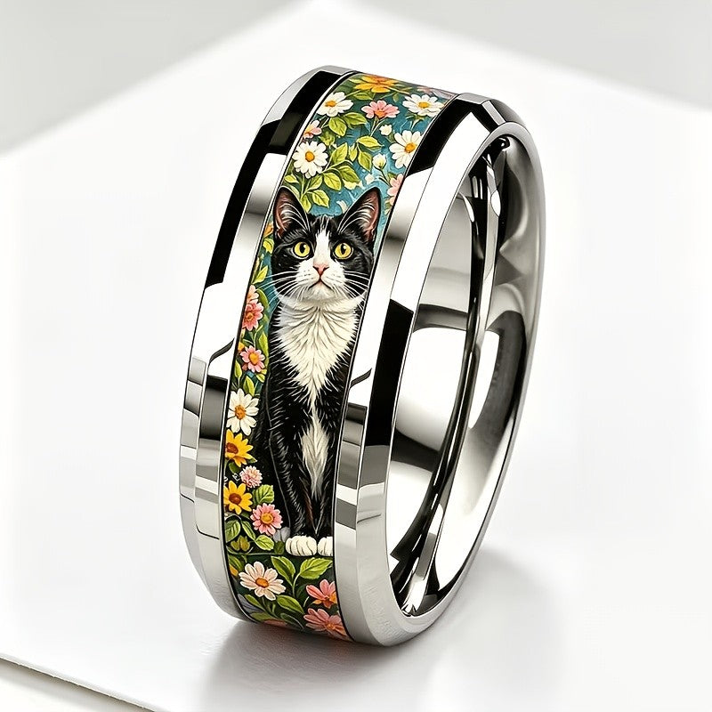 Black Cat Floral Inlay Ring