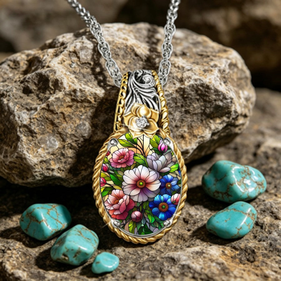 Stained Glass Floral Teardrop Necklace