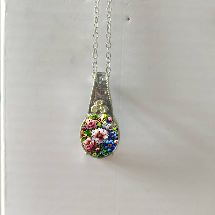 Stained Glass Floral Teardrop Necklace
