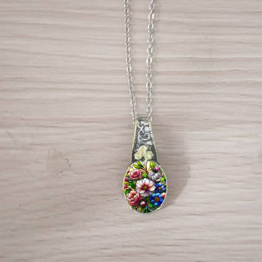 Stained Glass Floral Teardrop Necklace