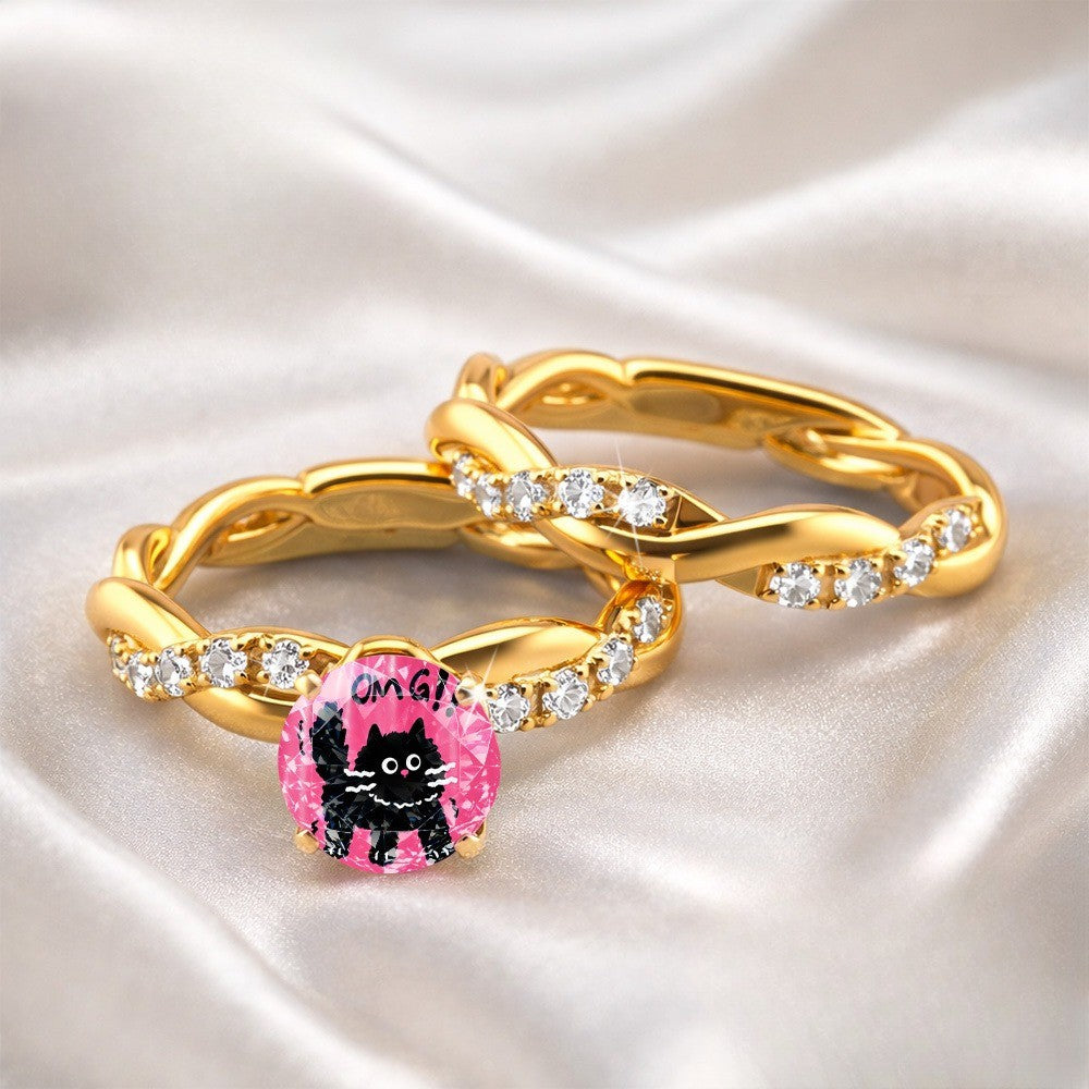 Pink Crystal Black Cat Twisted Ring